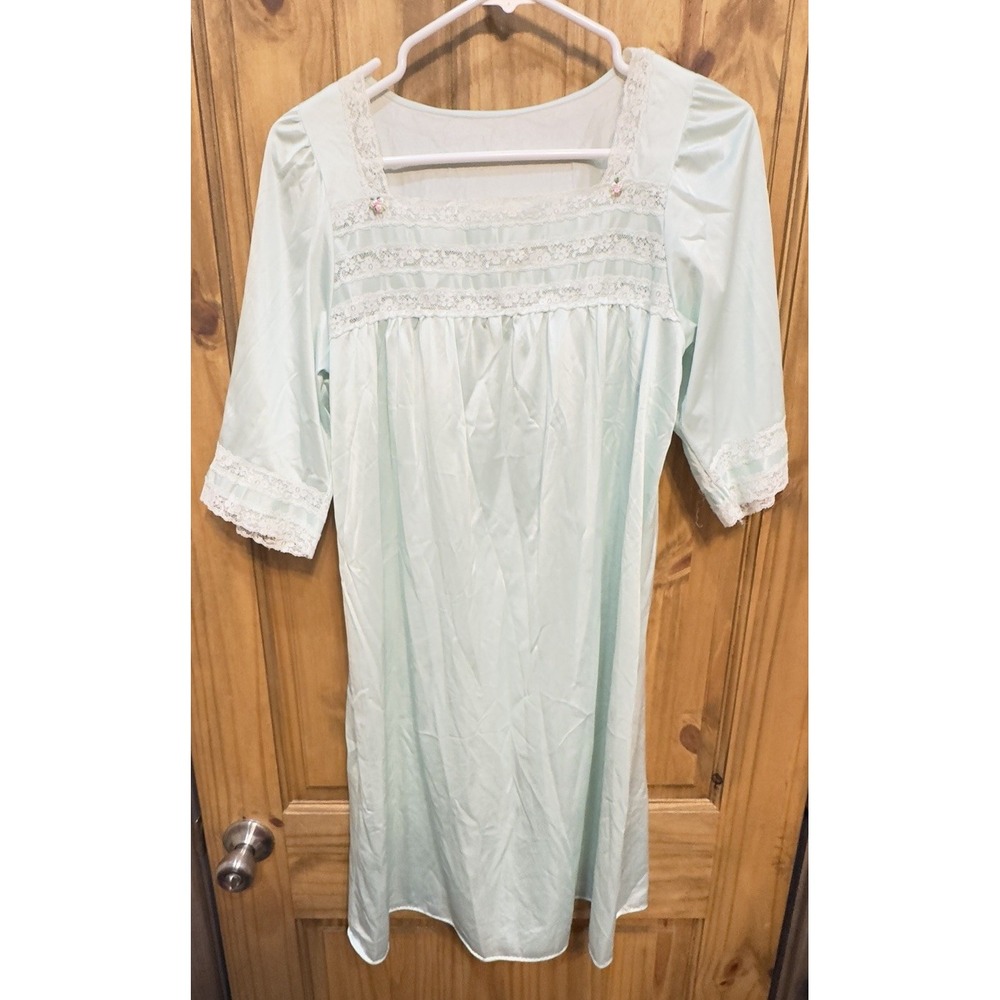 Vintage Lorraine Aqua Nylon Nightgown Lace Trim Floral Accent Small 60s 70s